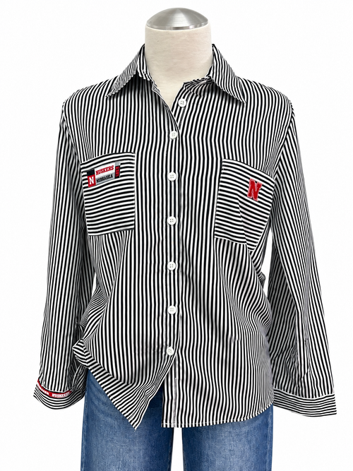 'Huskers' Black Striped Button-Down - Size Medium