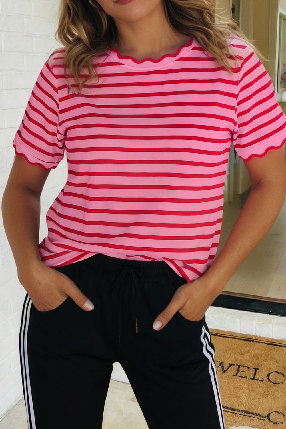 Stripe Scalloped Trim Round Neck T Shirt (S-XL)