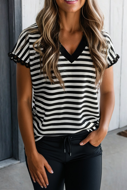 Classic Stripe Ruffle Sleeve V-Neck Top