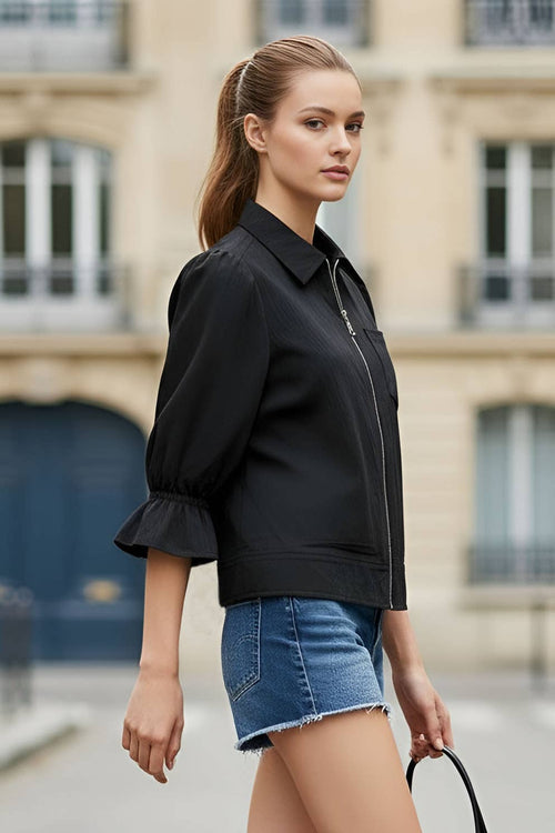 3/4 Zip Front Ruffle Sleeve Jacket