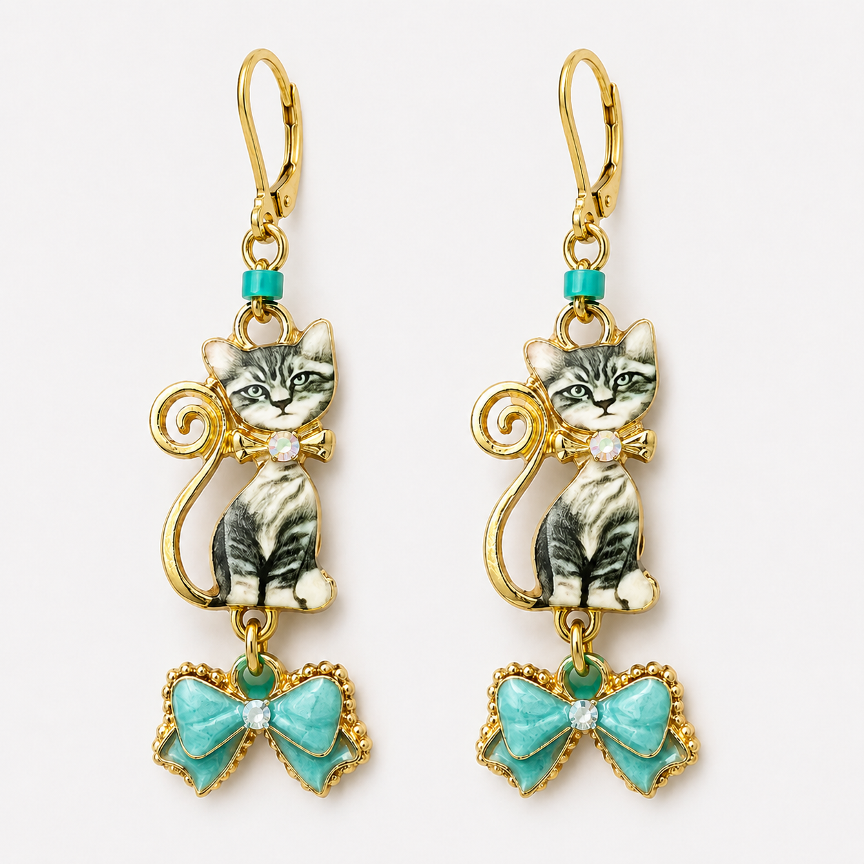Handmade Gray Tabby Cat & Turquoise Bow Earrings by D.K. Tlustos