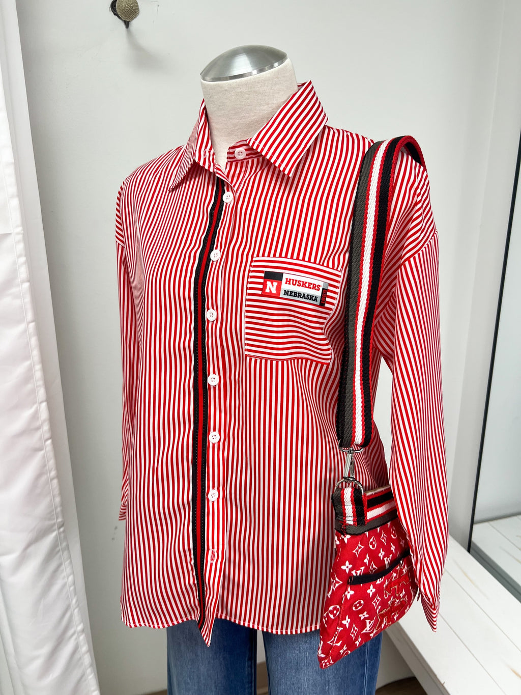 'Huskers' Red Striped Button-Down - Size Large