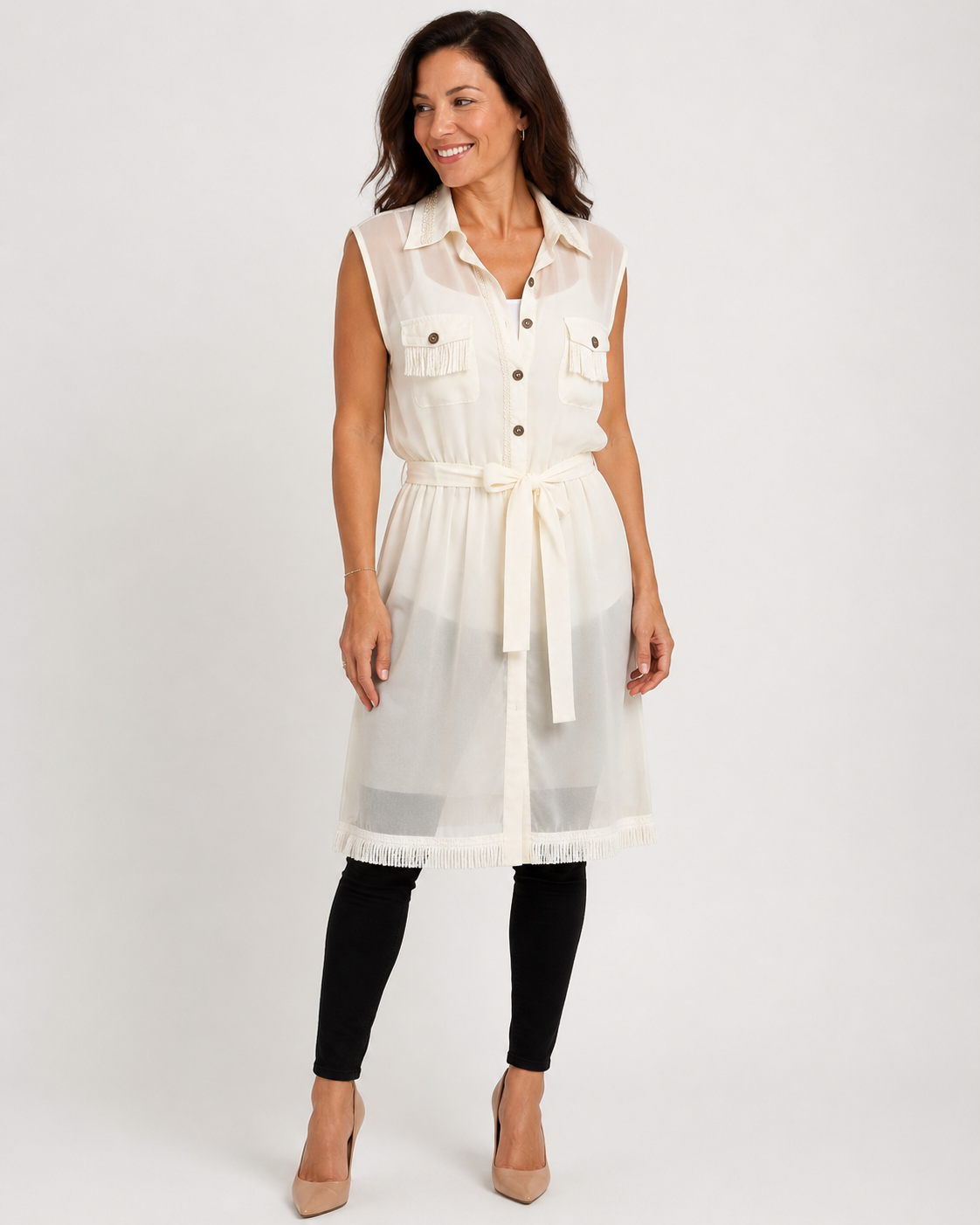 Hand-Embellished Creme Western Button Front Dress w/Lining by Trish - Size Medium