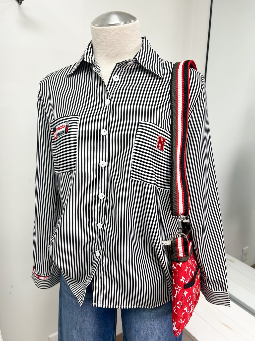 'Huskers' Black Striped Button-Down - Size Medium