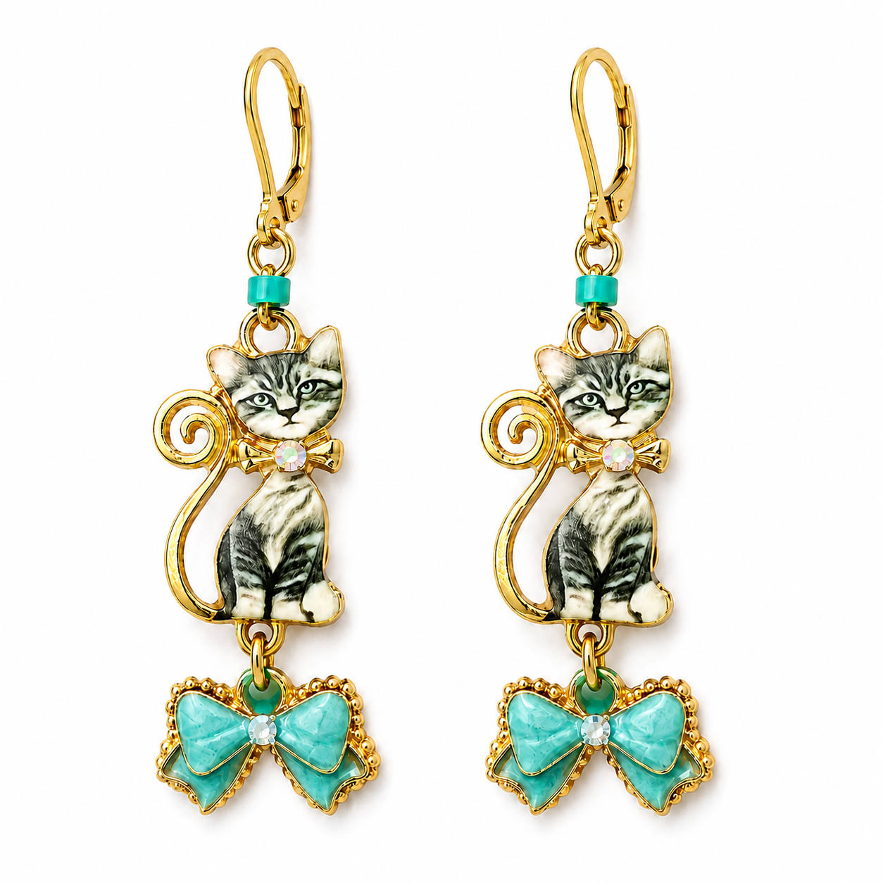 Handmade Gray Tabby Cat & Turquoise Bow Earrings by D.K. Tlustos