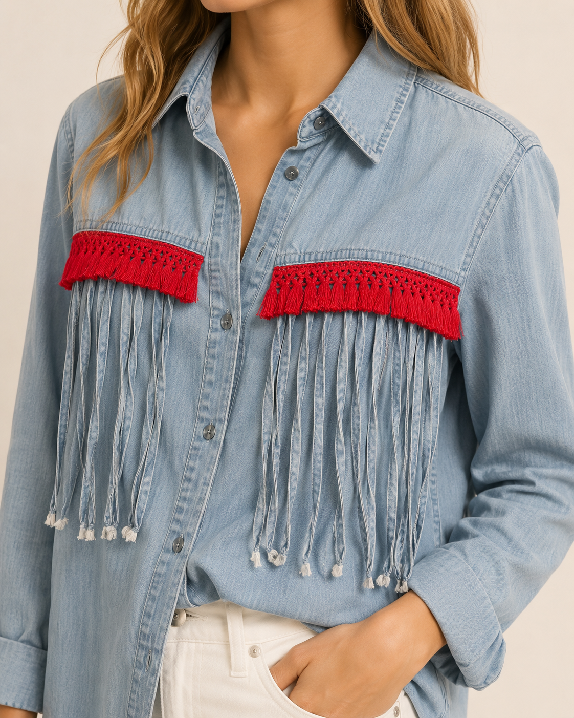 American Fringe Denim Chambray Shirt Embellished by Trish - Size Medium