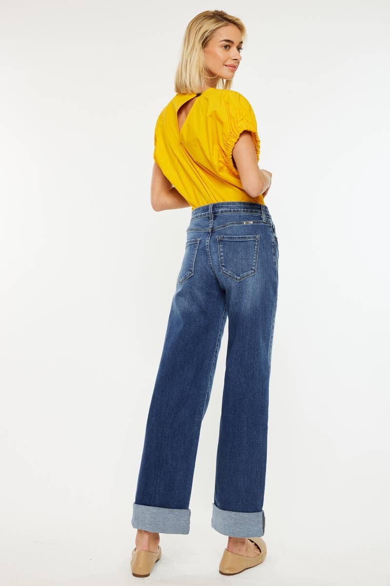 Kan Can Crater High Rise Wide Leg Cuff Jean