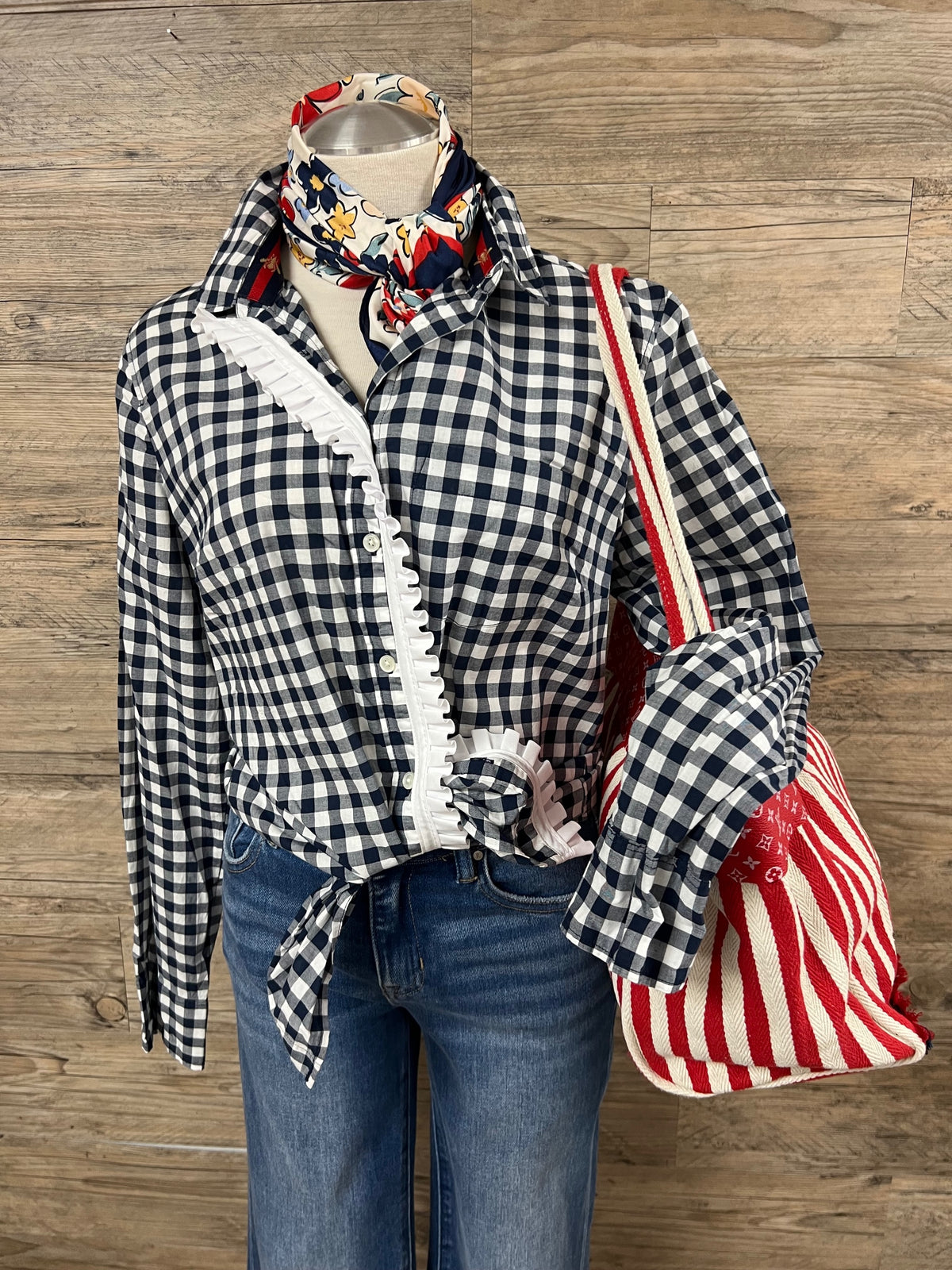 Navy Gingham Ruffle Button-Down Shirt Embellished by Trish - Size M