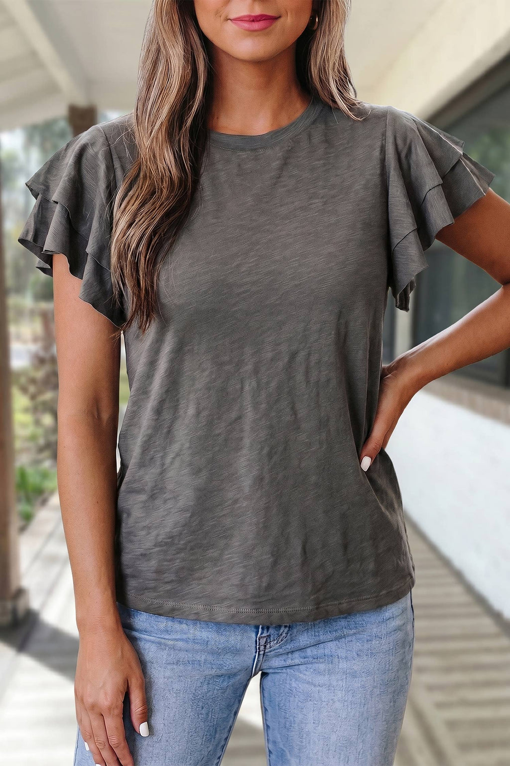 Charcoal Flutter Sleeve Knit Tee