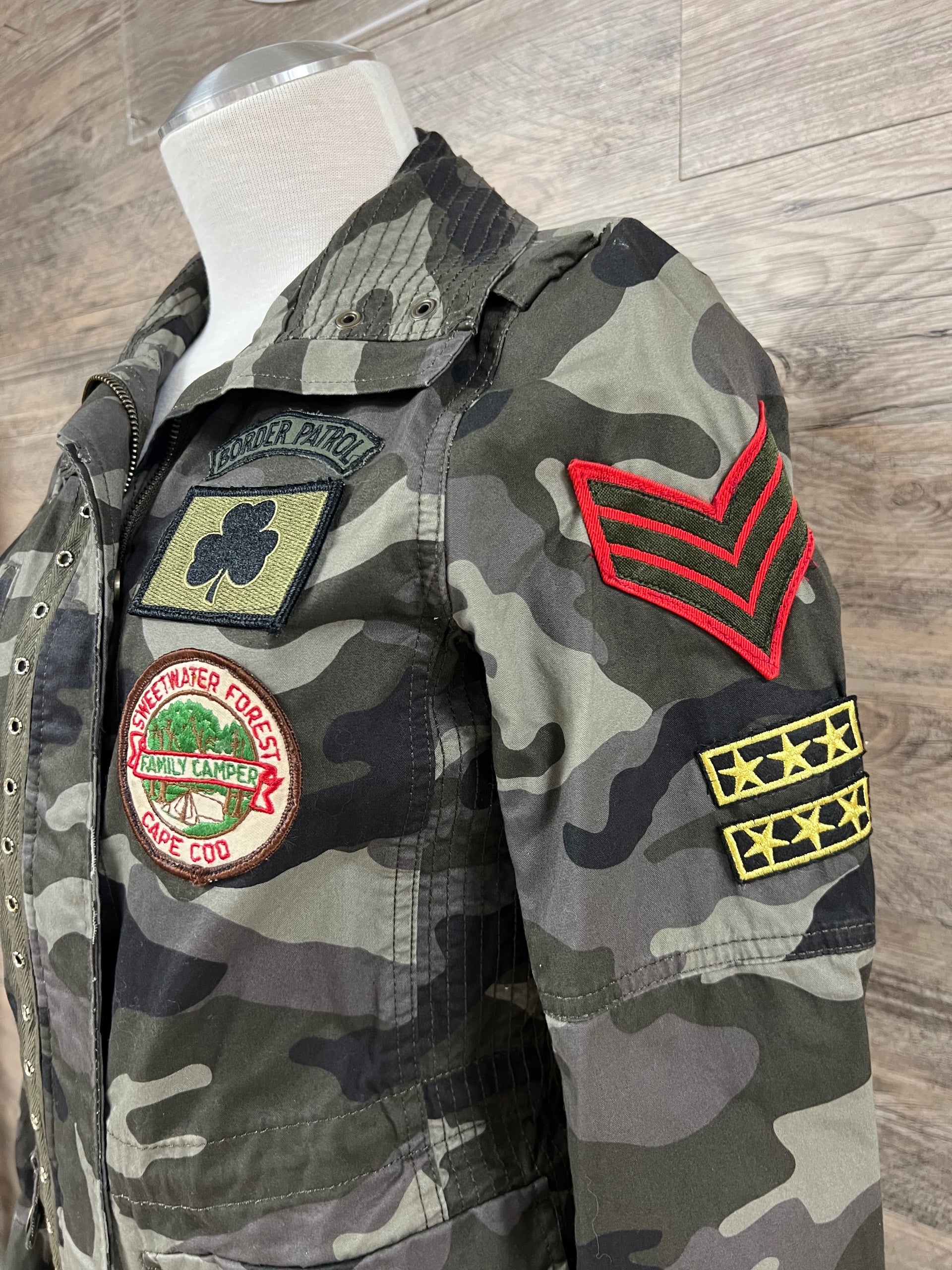 Hand-Embellished Camo Border Patrol Patched Jacket by Trish - Size Extra Small