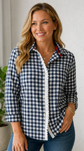 Hand-Embellished Navy Gingham Ruffle Button-Down Shirt by Trish - Size M