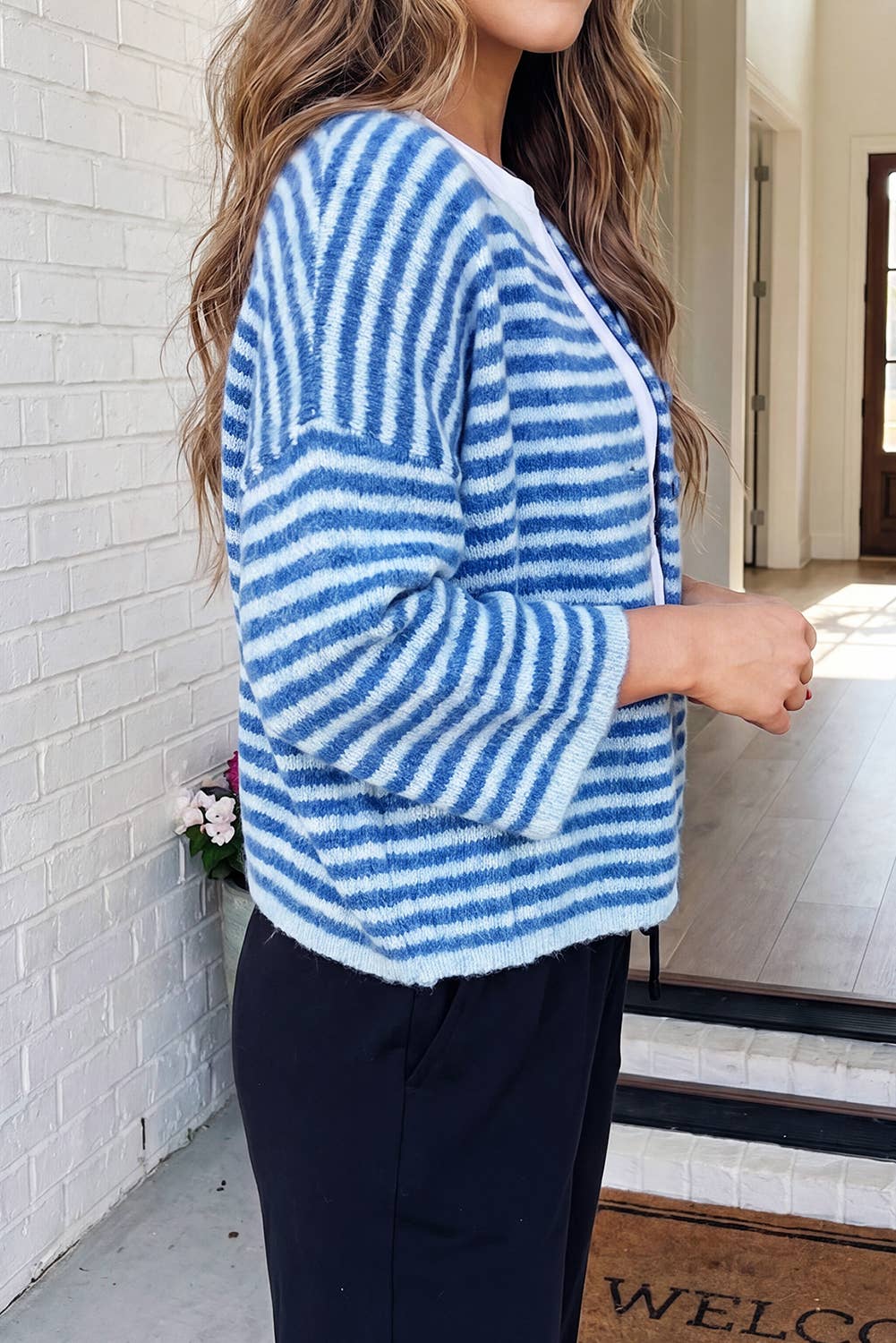 Loose Striped Knit Button Down Sweater Cardigan (S-XL)