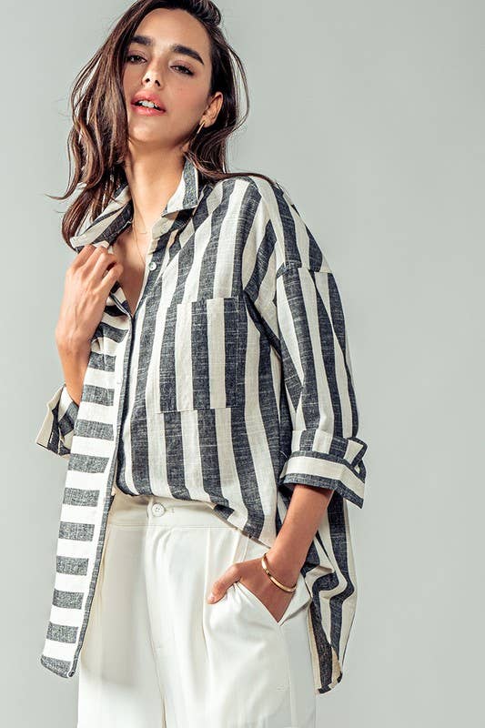 Urban Daizy - Mixed Stripe Pattern Oversized Button Down Shirt