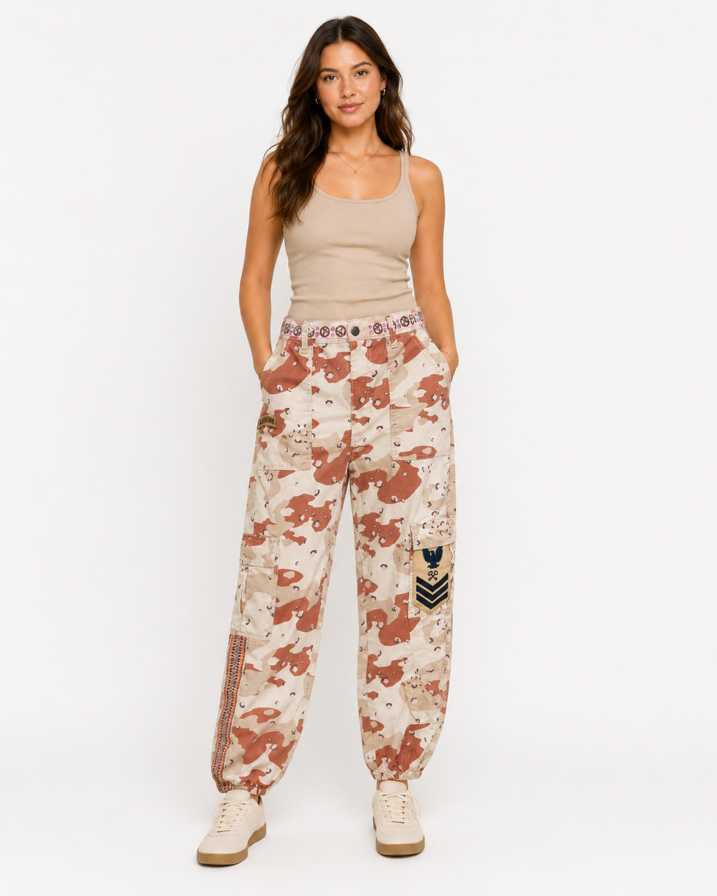 Hand-Embellished Pink & Tan Camo Patched Airborne Pants by Trish - Size Medium