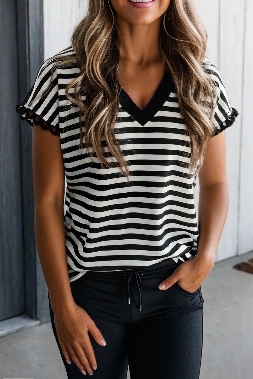 Classic Stripe Ruffle Sleeve V-Neck Top