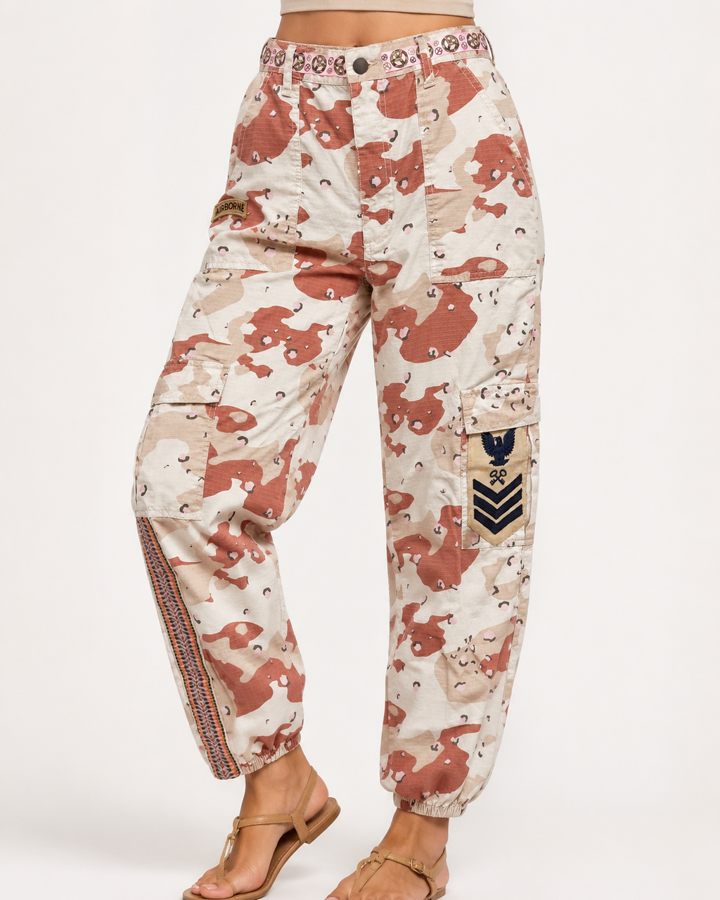 Pink & Tan Patched Airborne Camo Pants Embellished by Trish - Size Medium