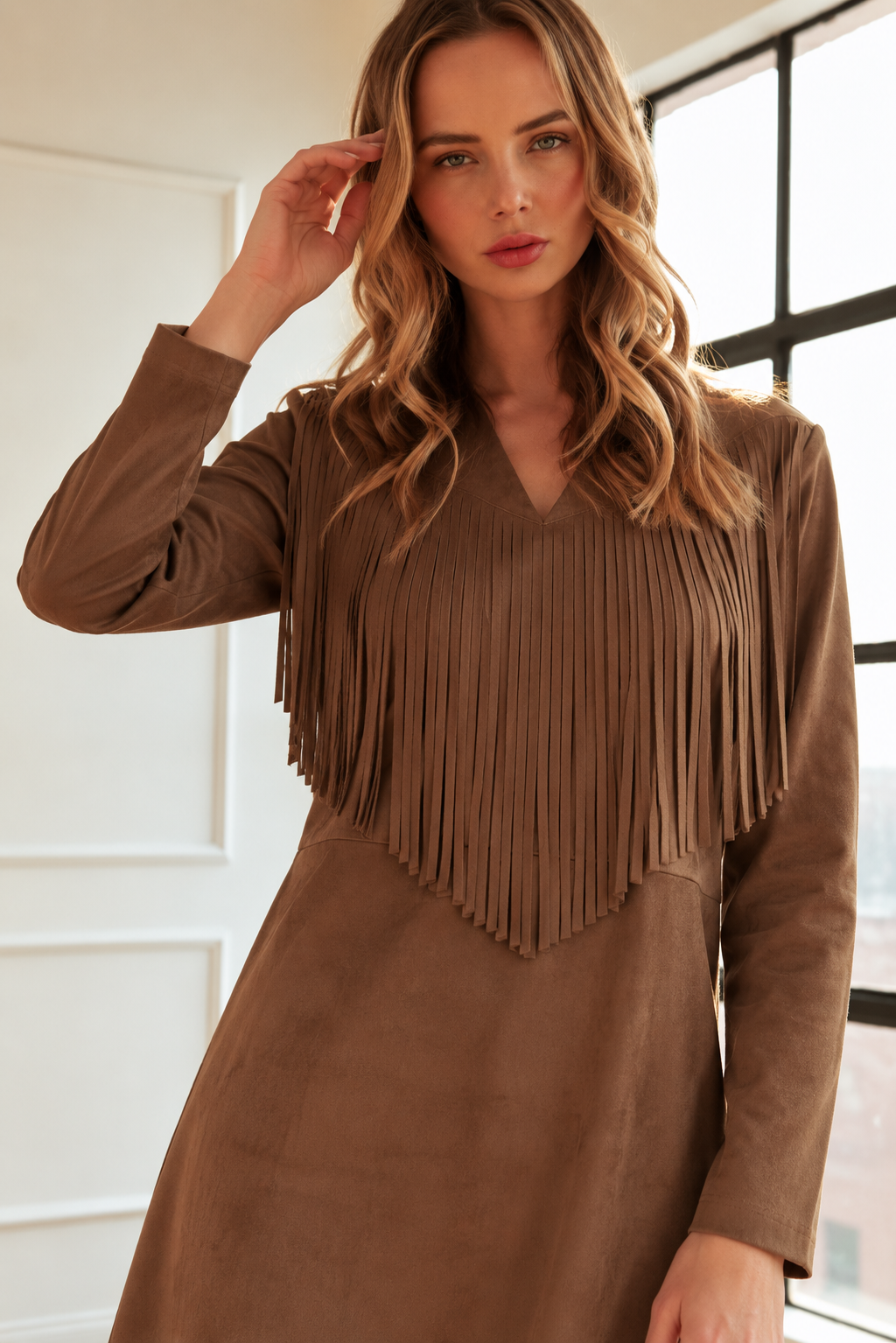 Fringe Stretch Suede Tunic Dress