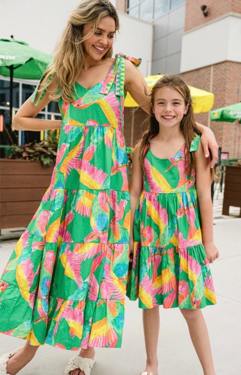 Briton Court Mommy and Me Matching Tropical Parrot Tiered Maxi Dress