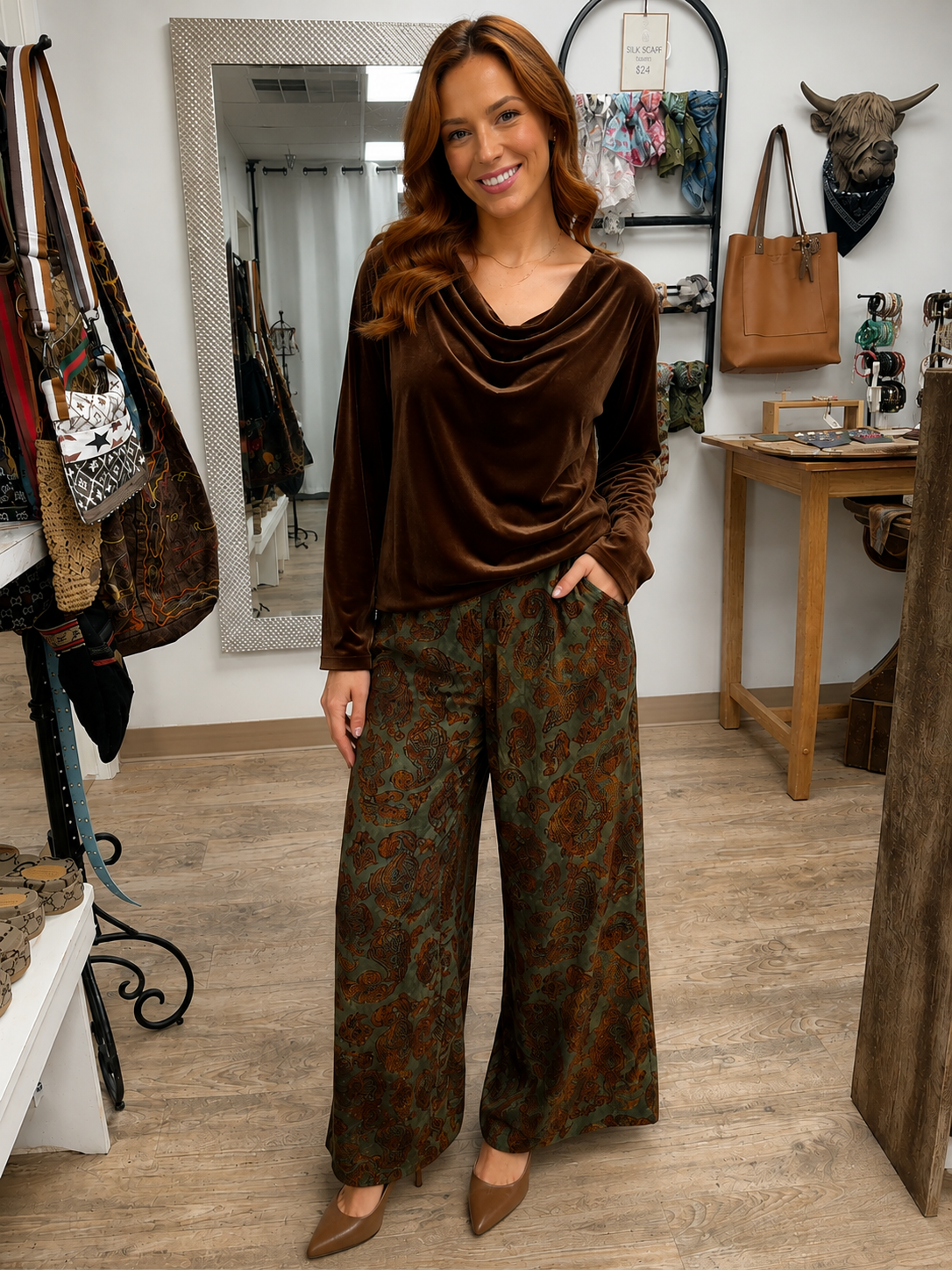 Long Sleeved Velvet Cowl Neck Shirt