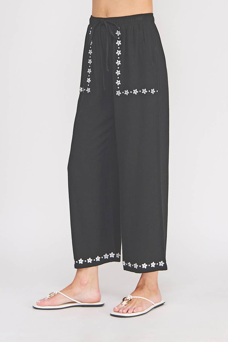 Allie Rose - Embroidered Linen Elastic Tie-Waist Ankle Pant