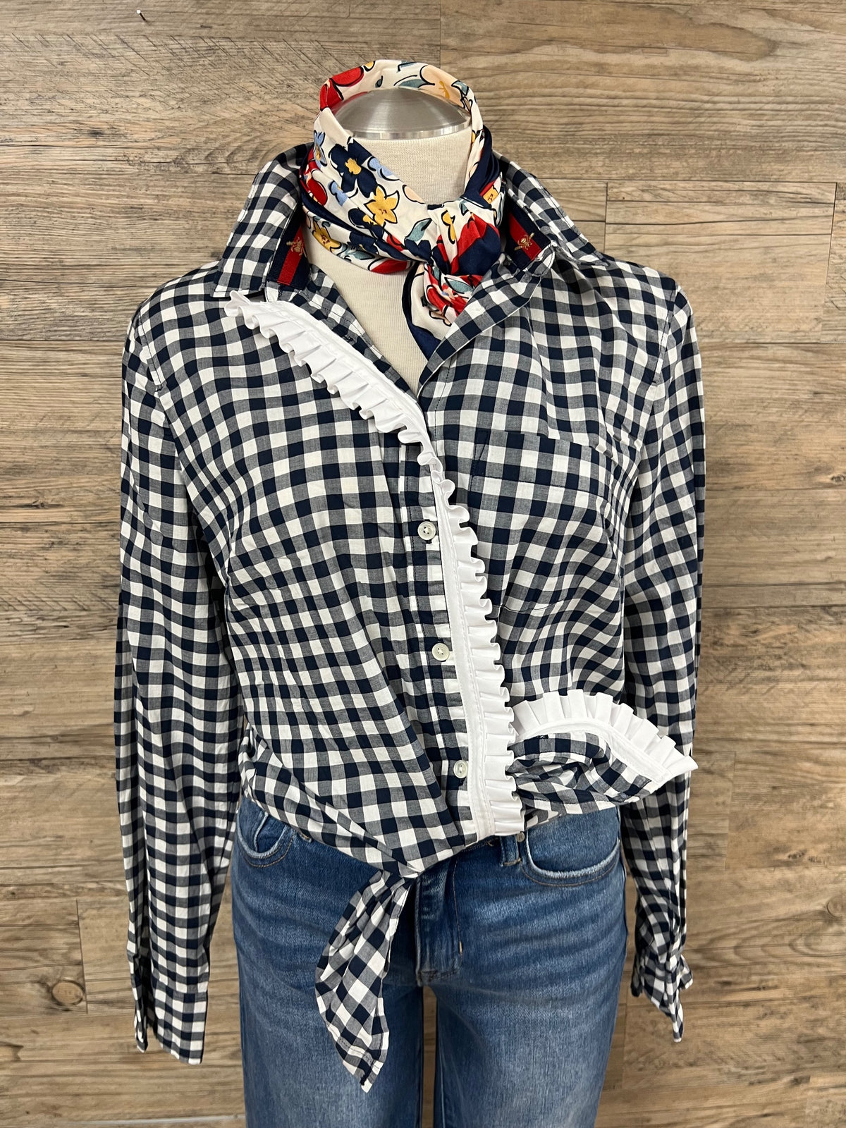 Navy Gingham Ruffle Button-Down Shirt Embellished by Trish - Size M
