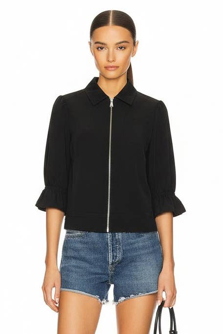 3/4 Zip Front Ruffle Sleeve Jacket