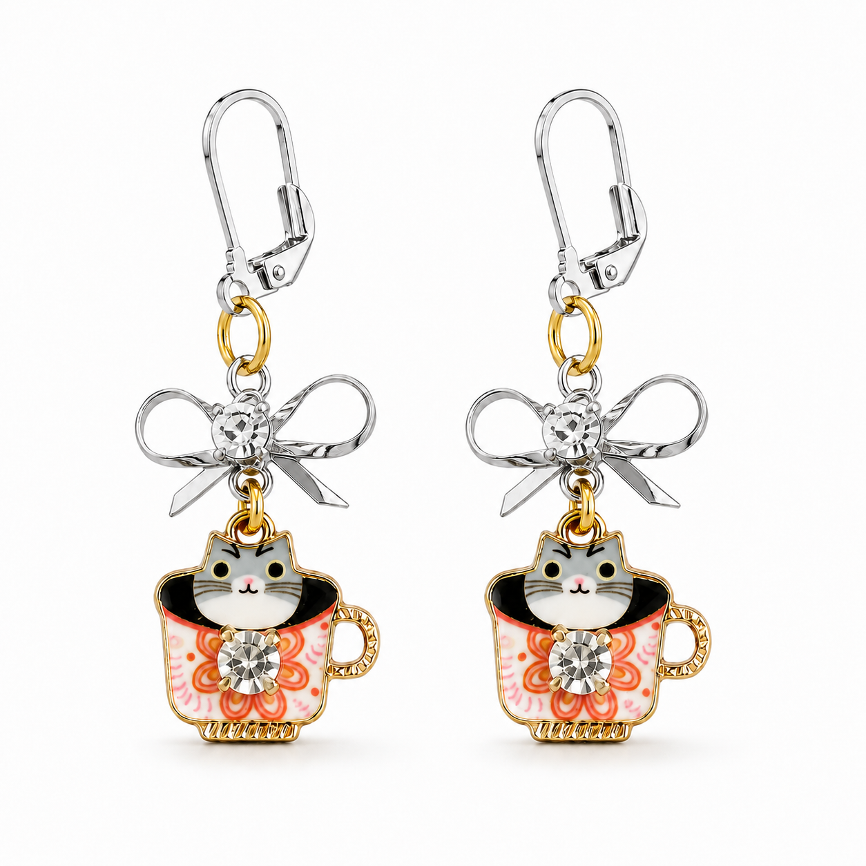 Handmade Whimsical Gray Kitten in a Teacup Earrings by D.K. Tlustos