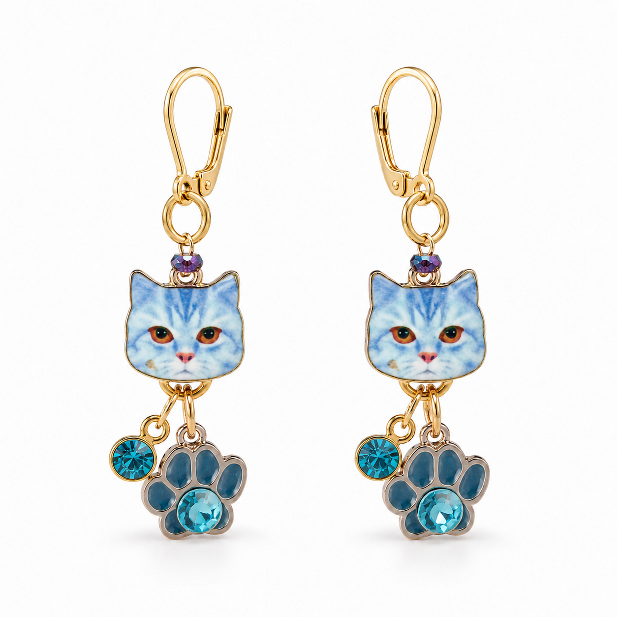 Handmade Whimsical Blue Kitten Earrings with Blue Paws by D.K. Tlustos