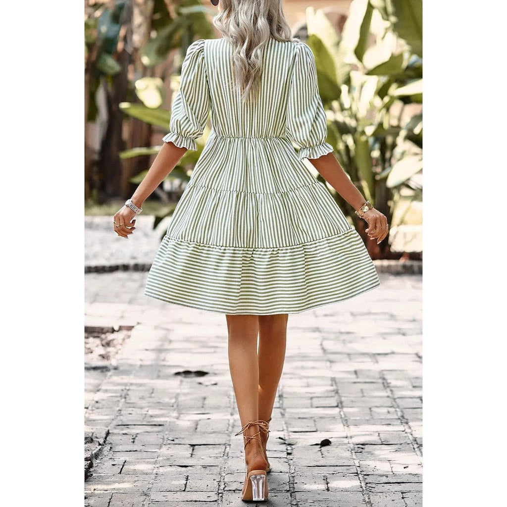 Olive Stripe Tiered Tassel Dress