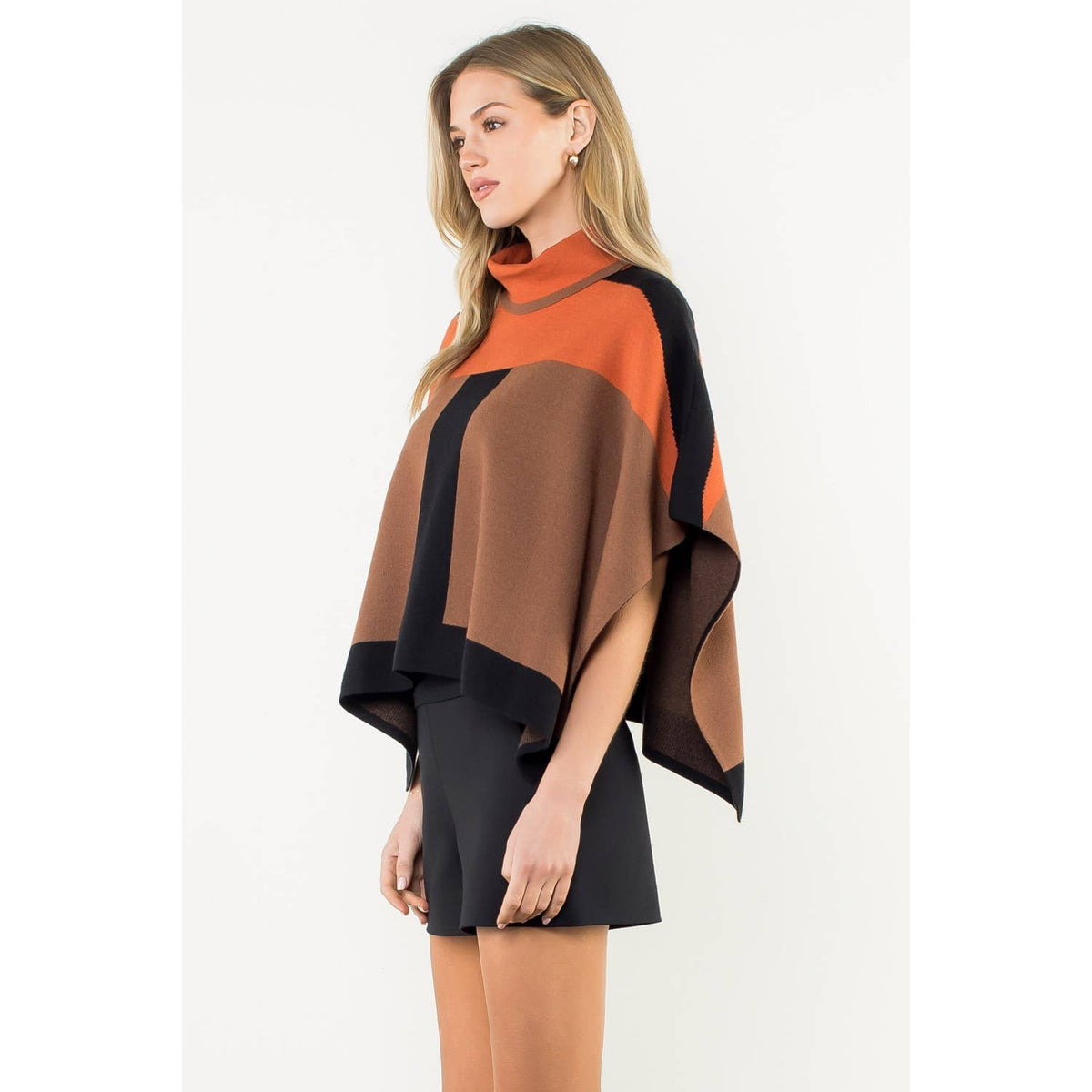 Colorblock Turtleneck Knit Poncho