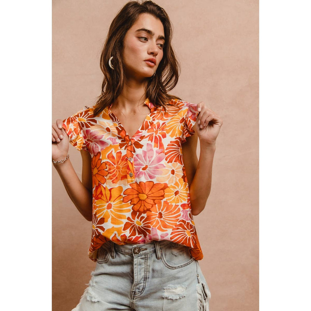 FLORAL PRINTS WOVEN RUFFLED V NECK TOP