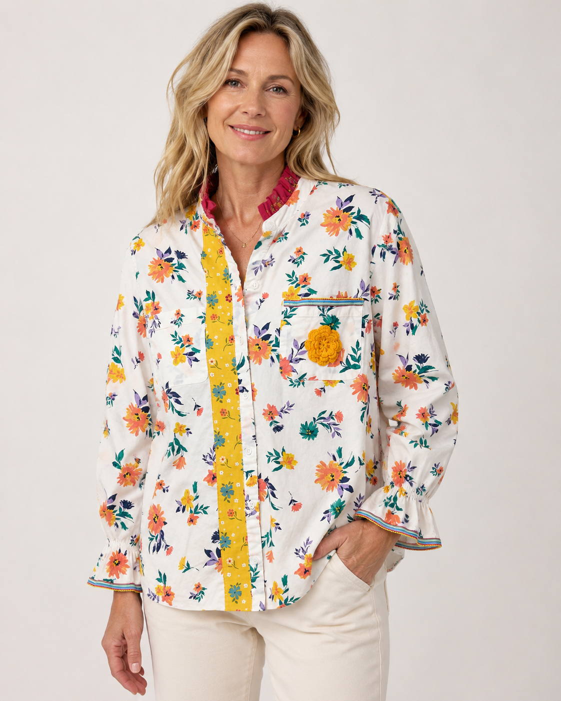 Hand-Embellished Sunshine Floral Ruffle Blouse by Trish - Size Medium