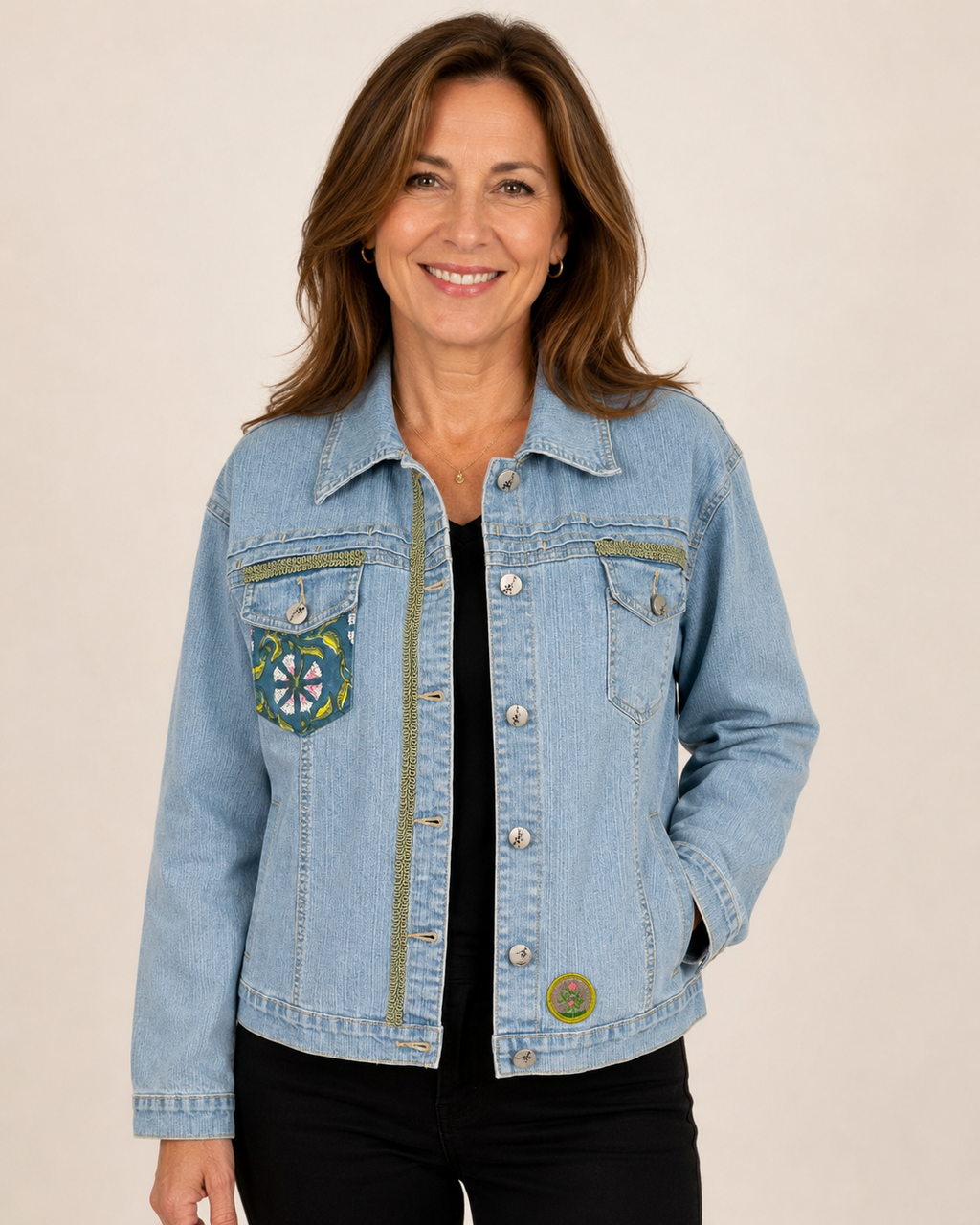 Hand-Embellished Garden Muse Denim Jacket by Trish - Size Large