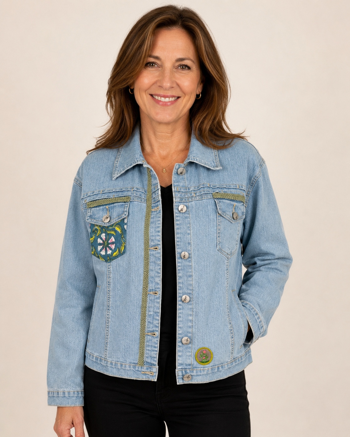 Hand-Embellished Garden Muse Denim Jacket by Trish - Size Large