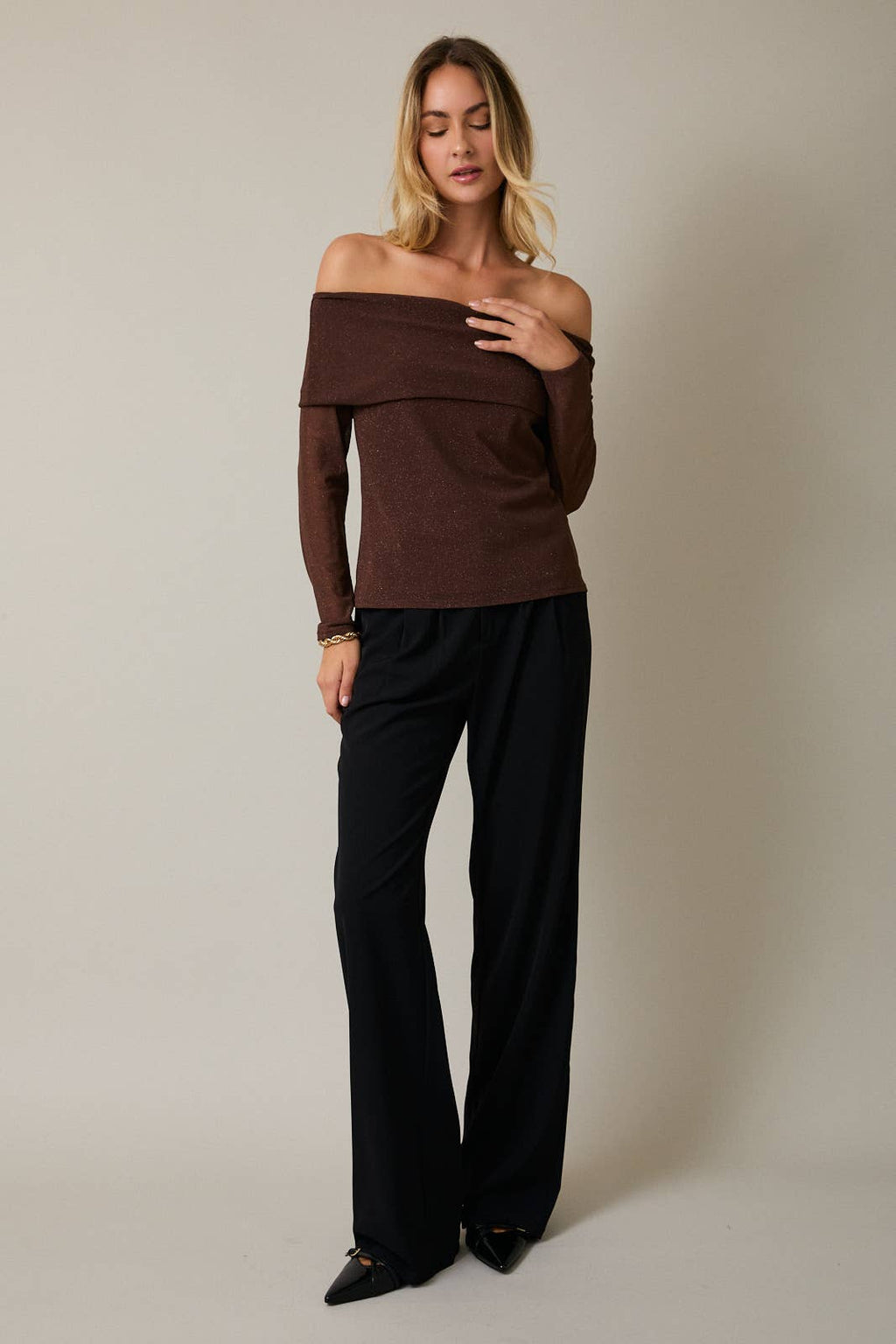Metallic Chocolate Brown Off-the-Shoulder Top