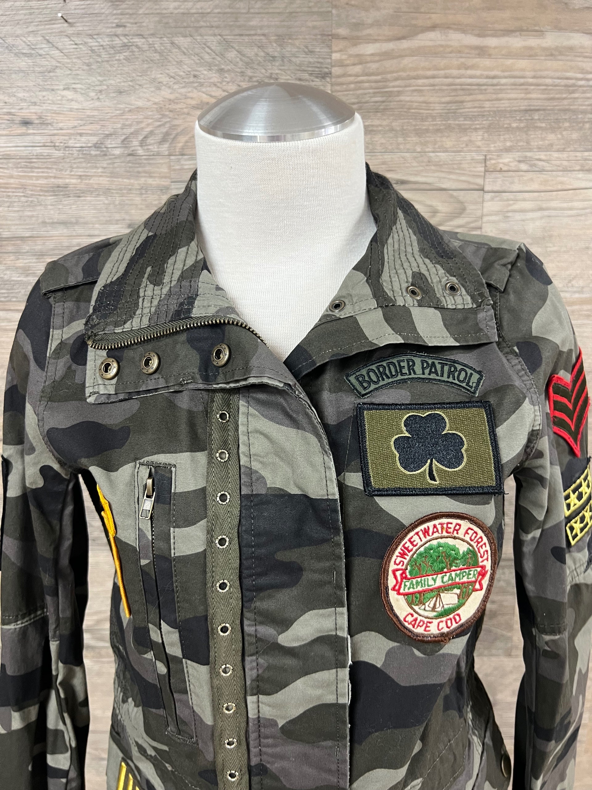 Hand-Embellished Camo Border Patrol Patched Jacket by Trish - Size Extra Small