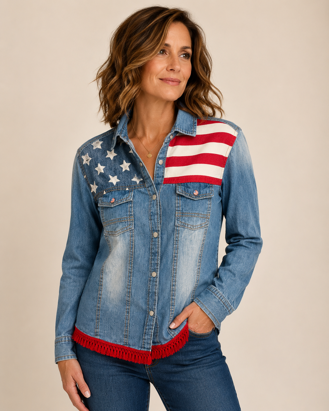 Hand-Embellished Star-Spangled Chambray Shirt by Trish - Size Medium