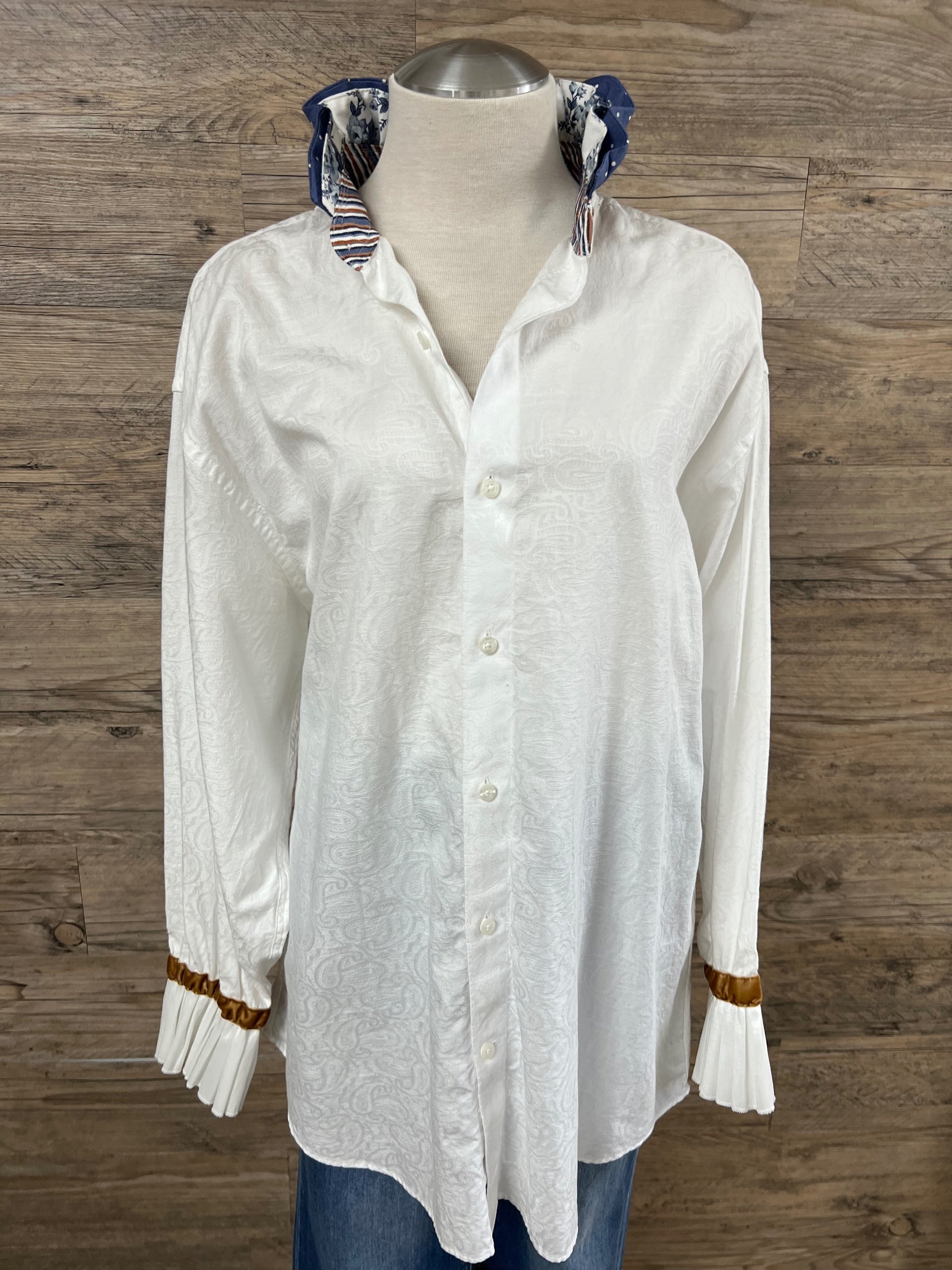 White Paisley Ruffle Blouse Embellished by Trish - Size Large