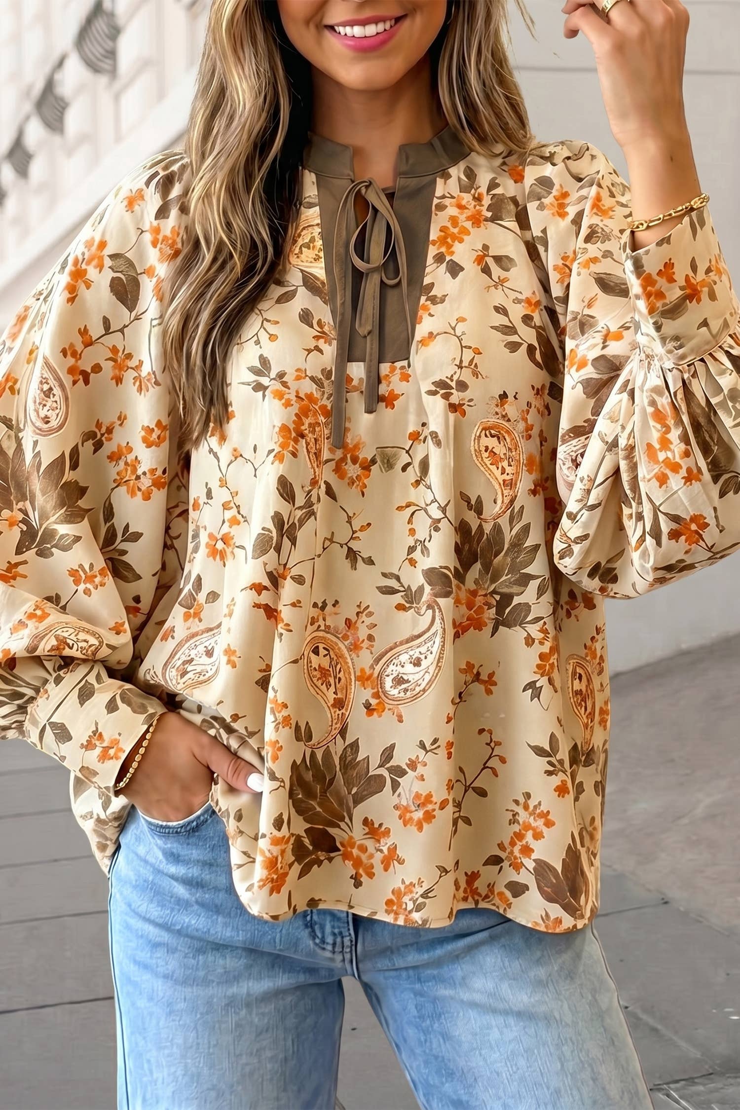 Floral Print Boho Puff Sleeves Blouse - SIZE XL