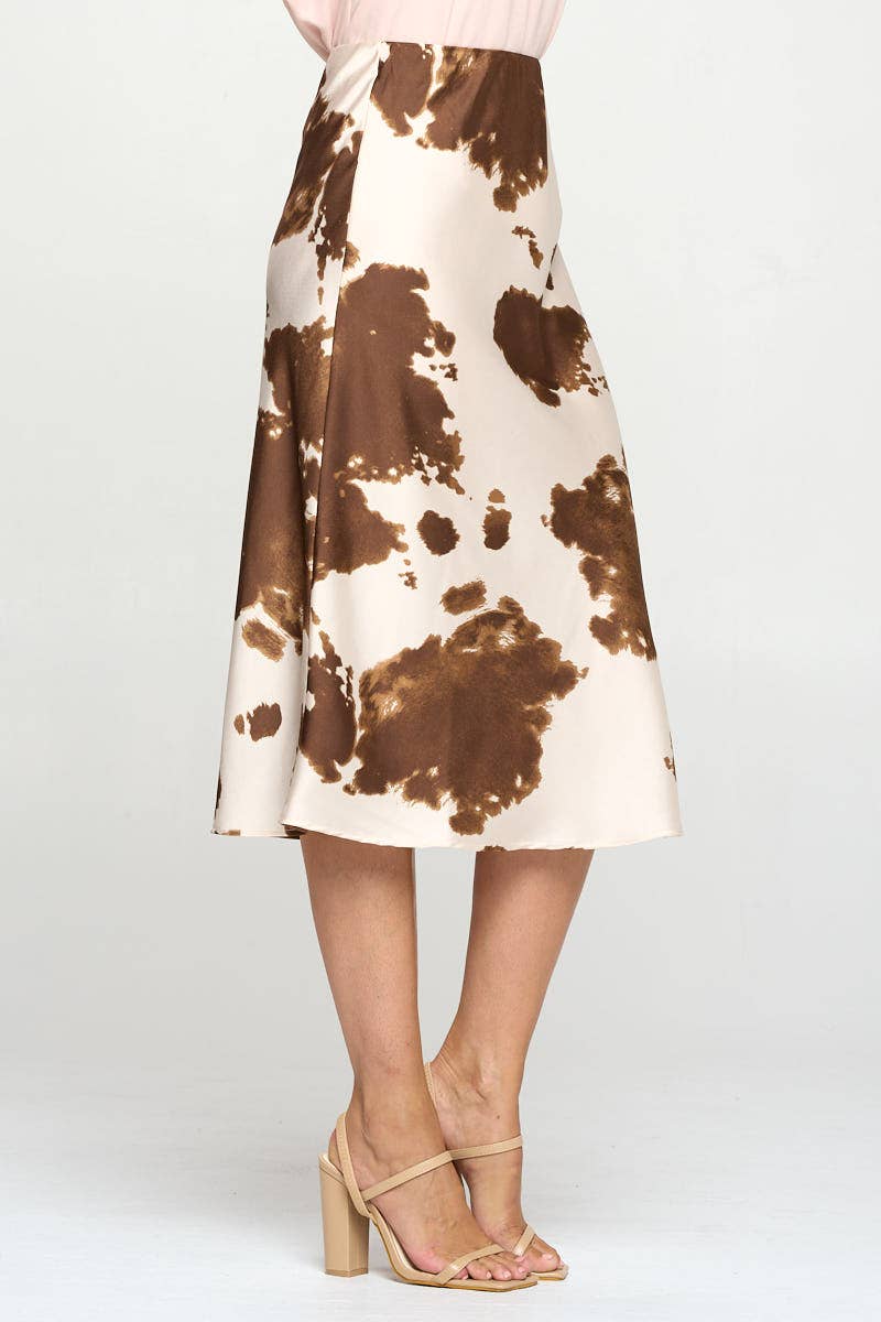 Cow Print Satin Midi Slip Skirt