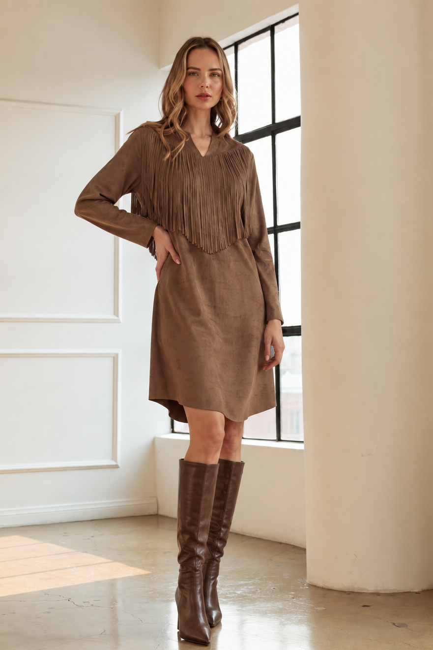 Fringe Stretch Suede Tunic Dress