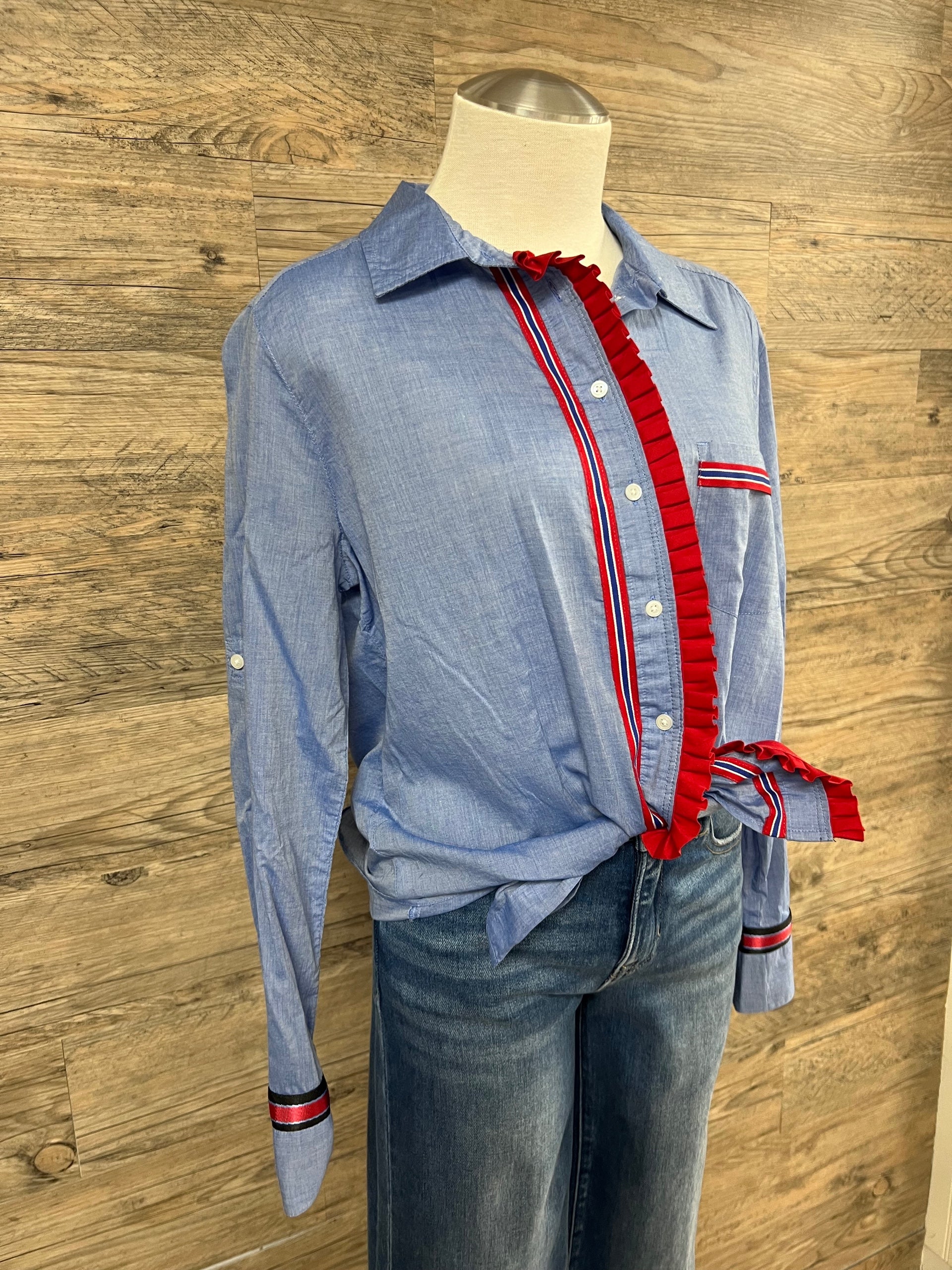 Chambray Ruffle Button-Down Shirt Embellished by Trish - Size Small