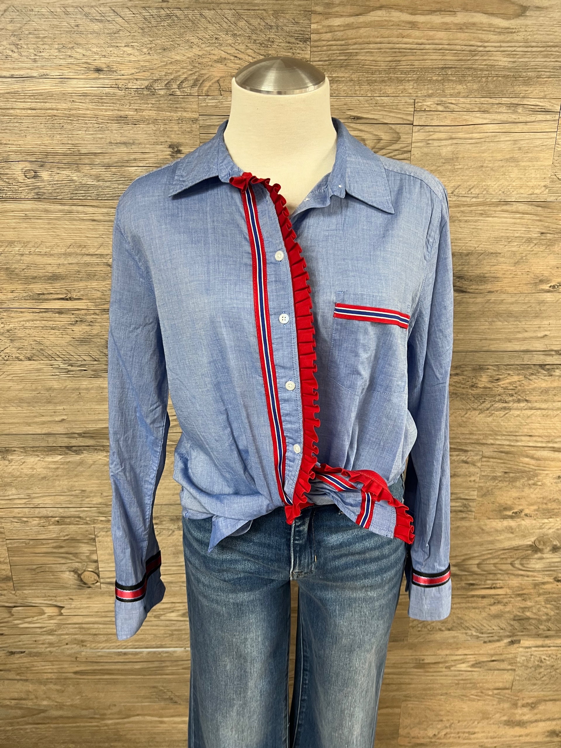 Chambray Ruffle Button-Down Shirt Embellished by Trish - Size Small