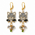 Handmade Gray Cat & Beaded Drop Earrings by D.K. Tlustos