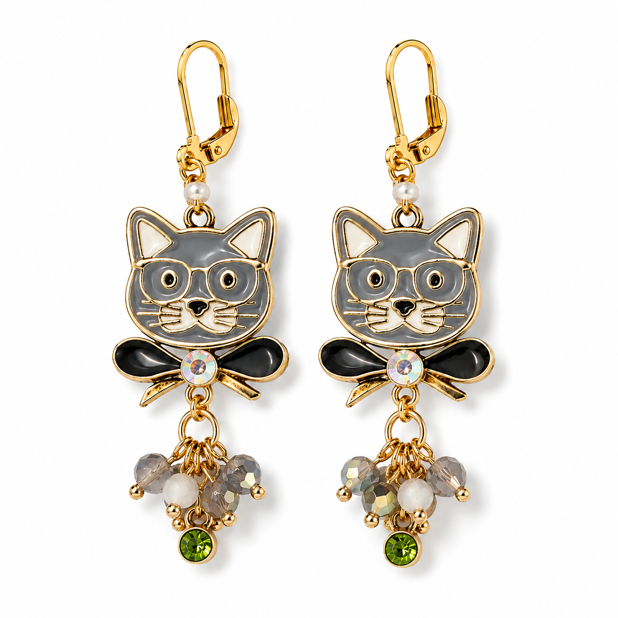 Handmade Gray Cat & Beaded Drop Earrings by D.K. Tlustos