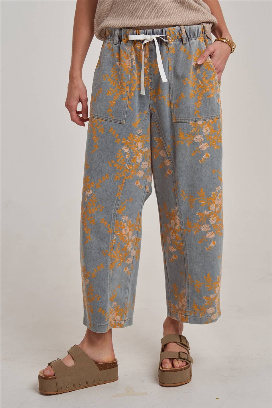 Golden Bloom Drawstring Mid Rise Jeans