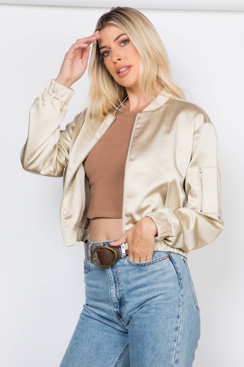 Satin Zip Up Bomber Jacket