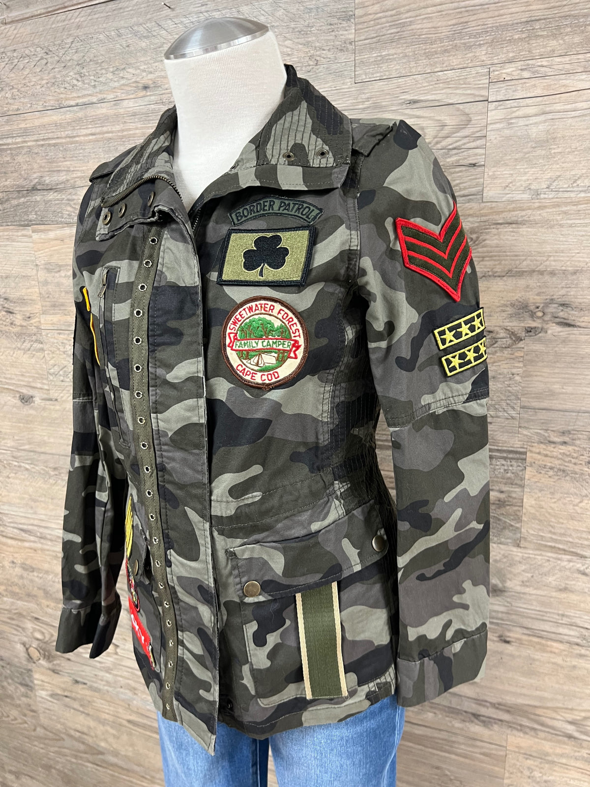 Hand-Embellished Camo Border Patrol Patched Jacket by Trish - Size Extra Small