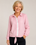 Hand-Embellished Pink Stripe Ruffle Button-Up Blouse Embellished by Trish - Size XL