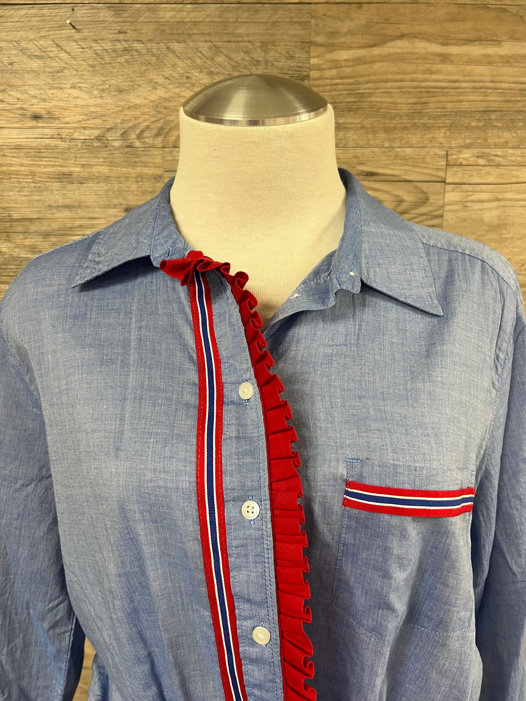 Chambray Ruffle Button-Down Shirt Embellished by Trish - Size Small